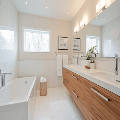 Minimal White Bathroom Design With 4-Door Wooden Bathroom Cabinet