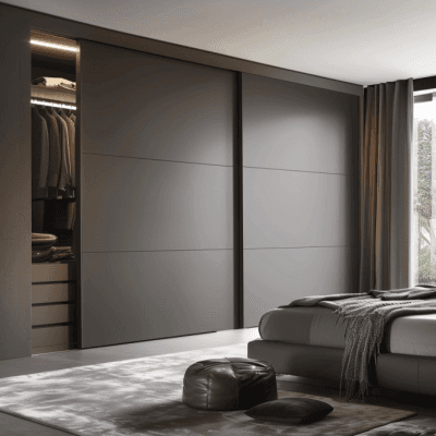 Contemporary Master Bedroom Design With 2-Door Grey Sliding Wardrobe