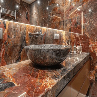 Modern Multicoloured Bathroom Design With Marble Walls And Granite Countertop