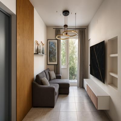 Compact Living Room Design with Floating TV Unit and Window Seating