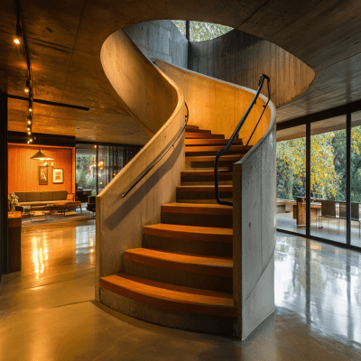 Modern Curved Staircase Design with Wooden and Concrete Elements