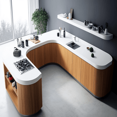 Modern Caribe U-Shaped Kitchen Design with Corian Countertop