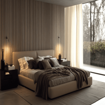 Modern Master Bedroom Design with King Bed, Fluted Panels and Neutral Tones