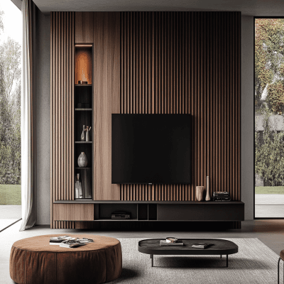 Modern TV Unit Design with Wooden Fluted Panel and Wall-Mounted Storage