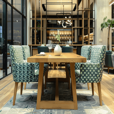 Contemporary Wooden 4-Seater Dining Room Design With Green And Blue Patterned Chairs