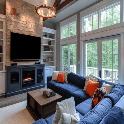 Modern Living Room Design With Blue L-Shaped Sofa Layout And Floor-Mounted TV Unit