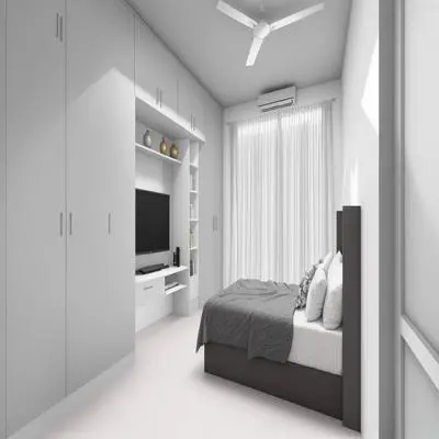White Bedroom with BuiltIn Wardrobe and TV Unit