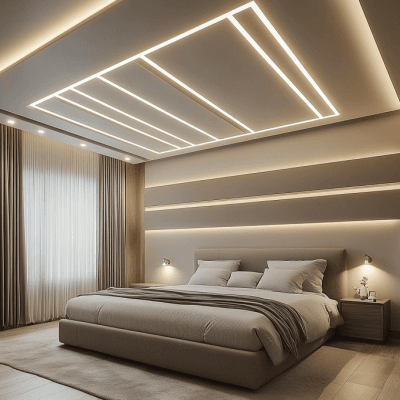 Modern Multilayered Gypsum Bedroom False Ceiling Design With White Stripes