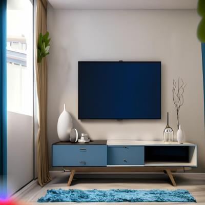 Modern TV Unit Design in Cream and Blue Laminate
