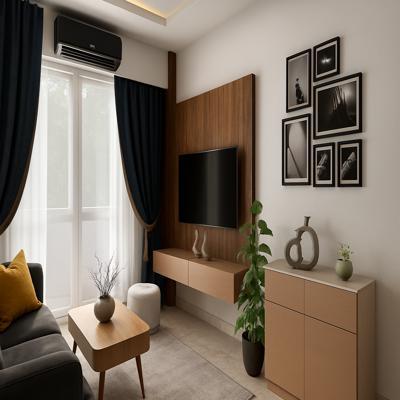 Compact Modern Living Room Design with Wooden TV Panel and Gallery Wall