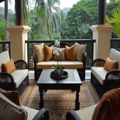 Classic Balcony Design With 2-Seater Brown And Black Coffee Table With Beige Accent Chairs
