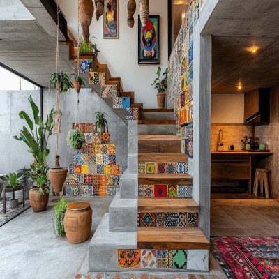 Bohemian U-Shaped Staircase Design with Wooden Steps and Concrete Base
