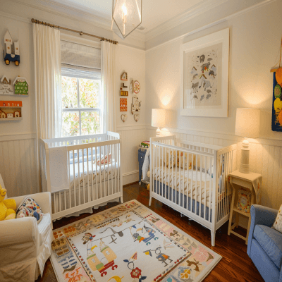 Eclectic Kids Room Design For Two With White Cribs