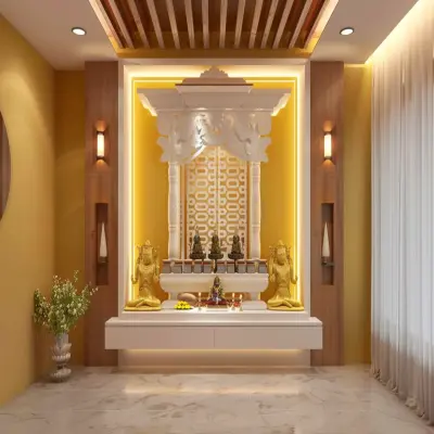 Art Deco Wood And White Mandir Unit With Mustard Yellow Accent Wall