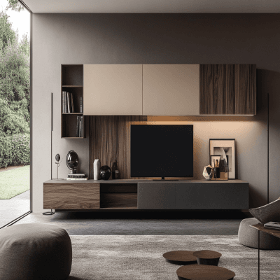 Modern TV Unit Design With Beige And Black Wall Tile