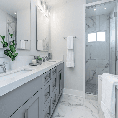Modern Grey And White Bathroom Design With Grey Vanity Unit