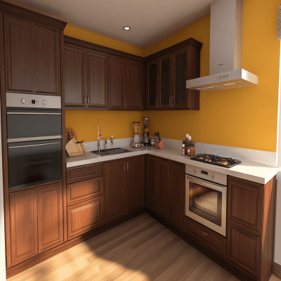 Classic Dark Wood And Yellow Modular L Shaped Kitchen Design With White Countertop