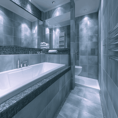 Contemporary Porcelain Grey Matt Bathroom Tile Design With Highlighter Tiles