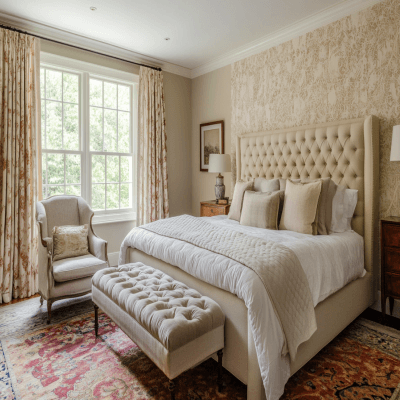 Modern Master Bedroom Design with Cream Fabric Walls