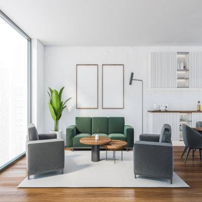 Minimalist Colour Coded Living Room Design With Wooden Flooring And Indoor Plant