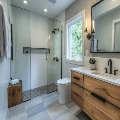 Modern Ceramic And Wood Bathroom Tile Design