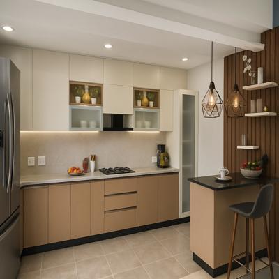 Contemporary Beige and Tan L Shaped Kitchen with Breakfast Bar