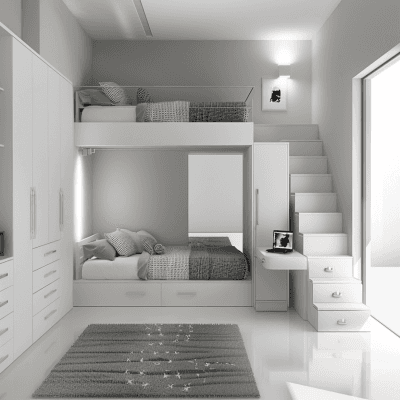 Modern White And Grey Kids Room Design With Mirrored Wardrobe And Loft Storage