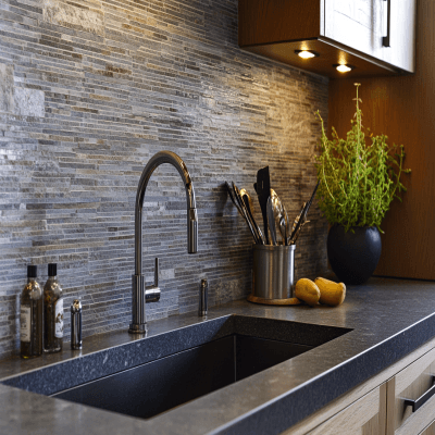 Mid-Century Modern Stone Mosaic Kitchen Backsplash