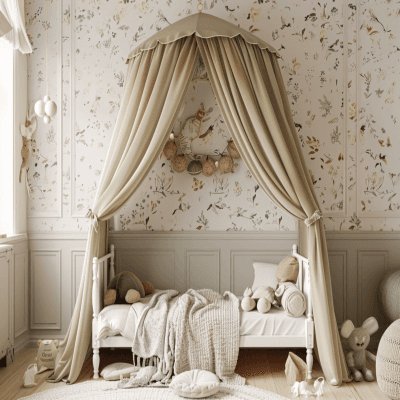 Art Deco Kids Room Design For Girls With Wall Arch And Beige Floral Wallpaper