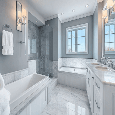 White and Grey Matte Ceramic Tiles Design for Bathroom