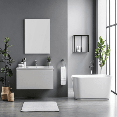 Modern Grey Bathroom Design With Frameless Rectangular Mirror