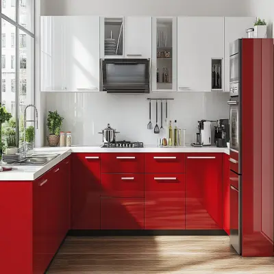 Contemporary L Shaped Kitchen Design with Membrane Shutter Design