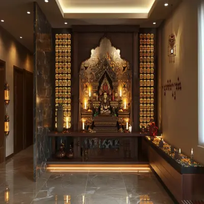Indian Traditional Pooja Room Design With Dark Wood Unit And Stone Cladding