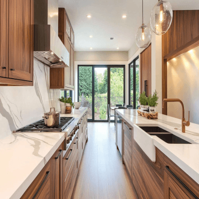 Modern Modular Parallel Kitchen Design With Irish Cream And American Walnut Kitchen Cabinets