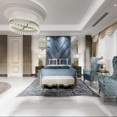 Master Bedroom Design with a Blue Headboard