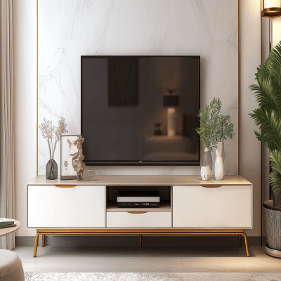 Modern Champagne-Toned And White Floor-Mounted TV Unit Design With Drawer Storage