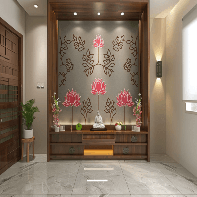 Modern Pooja Room Design With Floor-Mounted Wooden Storage And Grey Accent Wall With Lotus Motifs