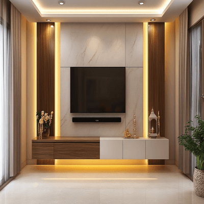 Modern TV Unit Design with Wall Mounted Drawer with Pooja Unit