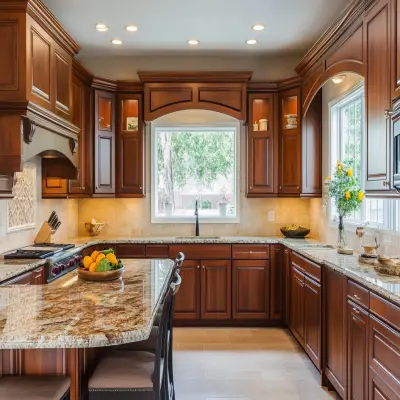Modern U-Shaped Kitchen Design With Marble Top and Breakfast Unit