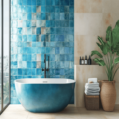 Modern Blue Bathroom Tile Design With Multicoloured Highlighter Tiles