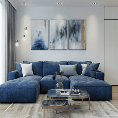 Contemporary Living Room Design With Blue Sectional Sofa