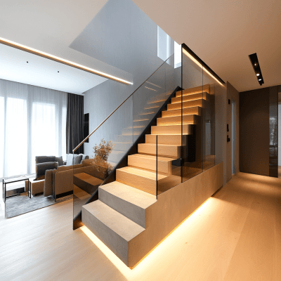 Modern Straight Staircase Design with Wood, Concrete, Metal, Glass