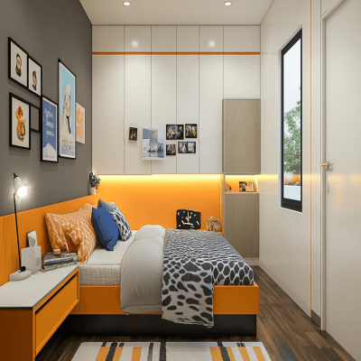 Modern Kids Bedroom Design with Study, Wardrobe, and Photo Lights