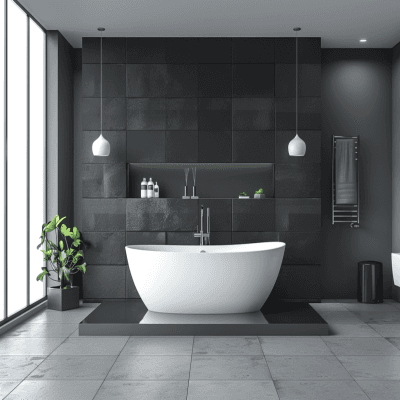 Modern Bathroom Design With Grey And Black Wall Tiles