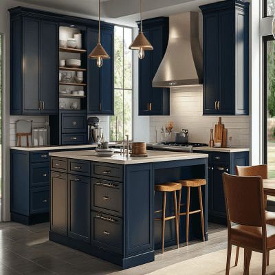 Mid-Century Modern Island Kitchen Design With Dark Blue Kitchen Cabinet And Beige Countertop