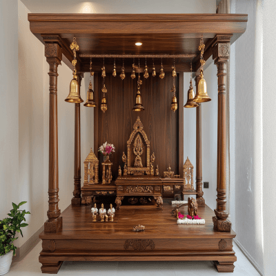 Contemporary Pooja Room With Wooden Frame And Gold Bells