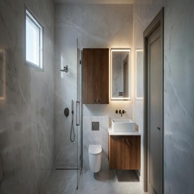 Monochromatic Marble and Wood Washroom