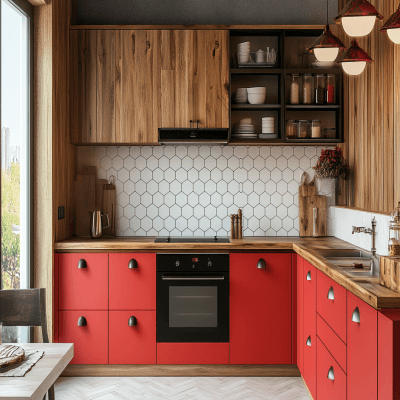 Classic Red And Wood Indian Kitchen Design With White Hexagonal Wall Tiles