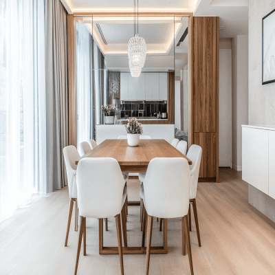 Classic 8-Seater White And Wood Dining Room Design With Mirrored Wall Panel