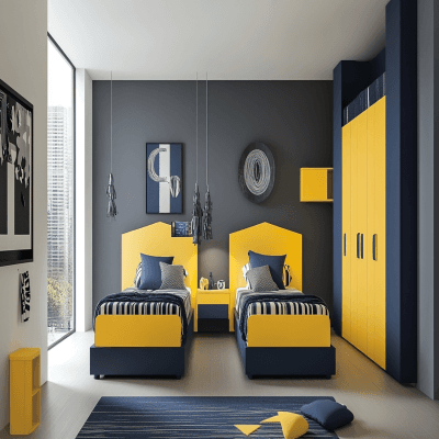 Modern Twin-Bed Kids Room Design With Yellow And Dark Blue Wardrobe